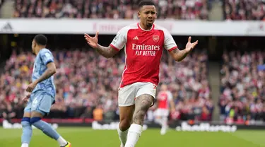 Penyerang Arsenal, Gabriel Jesus saat menghadapi Aston Villa pada pekan ke-32 Liga Inggris 2023/2024 di Emirates Stadium, Minggu (15/4/2024). (AP Photo/Kirsty Wigglesworth)