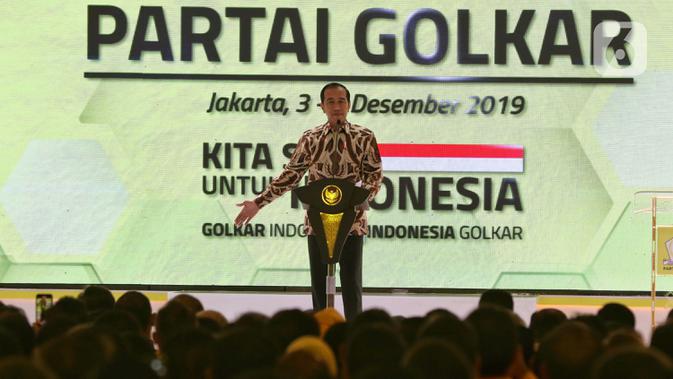 Presiden Joko Widodo saat berpidato dalam pembukaan Munas X Partai Golkar di Jakarta, Selasa (3/12/2019). Munas Partai Golkar yang berlangsung pada 3-6 Desember 2019 beragendakan pemilihan Ketua Umum Partai Golkar. (Liputan6.com/Johan Tallo)