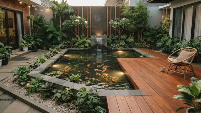 Ide desain kolam ikan cantik model kolam berdek kayu