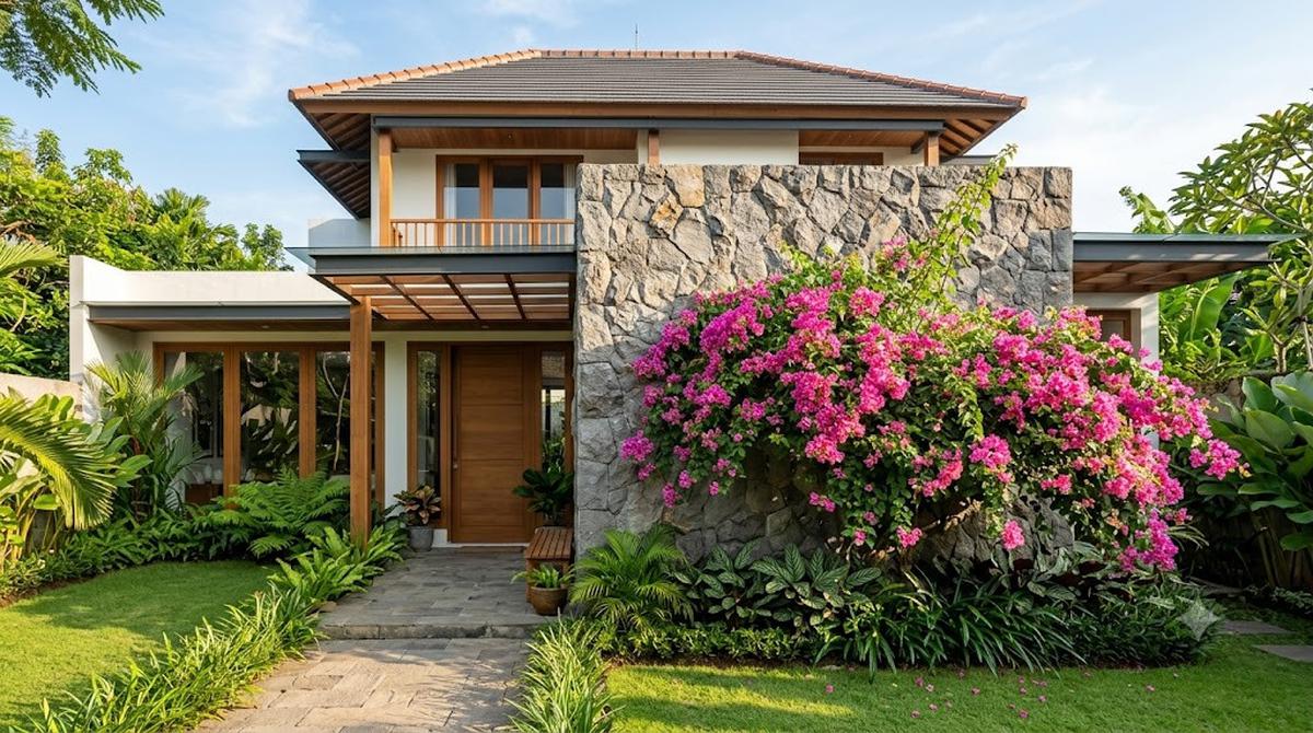 Ide Teras Rumah dengan Bougenville dan Batu Alam