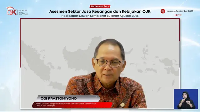 Kepala Eksekutif Pengawas Perasuransian, Penjaminan, dan Dana Pensiun OJK, Ogi Prastomiyono, dalam konferensi pers RDKB Agustus 2025, Kamis (4/9/2025). (Foto: tangkapan layar/Tira Santia)