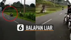 Nasib apes dialami oleh salah satu pemuda yang mengikuti balapan liar ini karena harus nyungsep ke sawah.