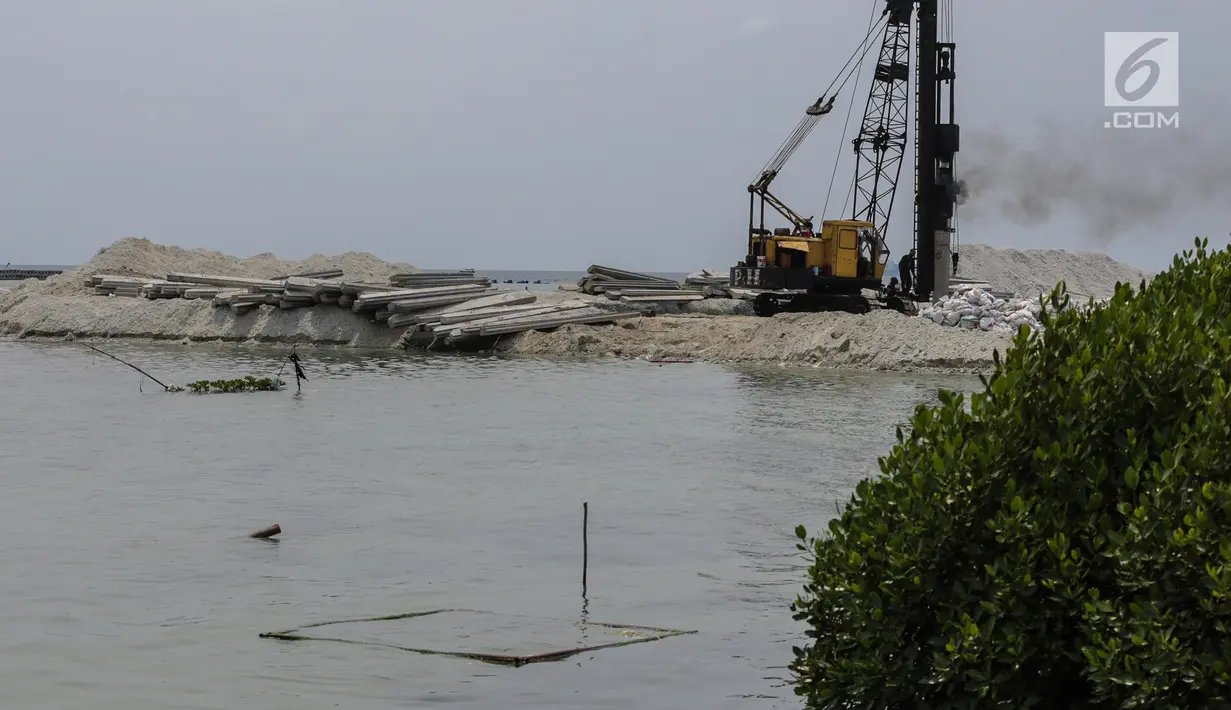 Pekerja mengoperasikan alat berat dalam proyek pembangunan dermaga di Pulau Pramuka, Kepulauan Seribu, Jakarta, Rabu (28/11). Proyek pembangunan dermaga yang sudah dimulai sejak tahun lalu itu terus dikebut pengerjaannya. (Liputan6.com/Faizal Fanani)