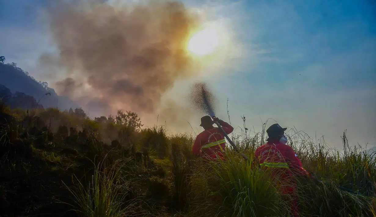 Petugas pemadam kebakaran memadamkan api di Taman Nasional Bromo Tengger Semeru di Desa Ngadas, Malang, Jawa Timur, 5 Agustus 2026. (AFP/ Muhammad Firman)
