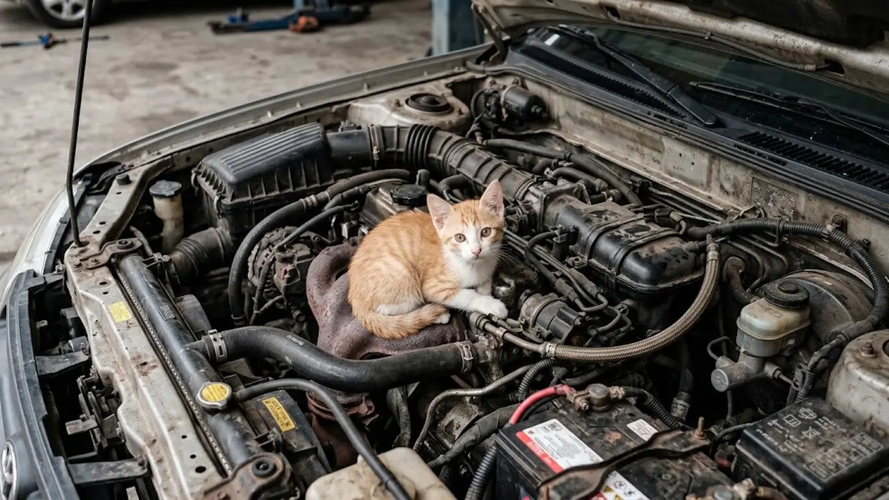 Ilustrasi kucing di mesin mobil