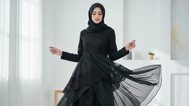 Gamis Brokat Hitam Model Layer