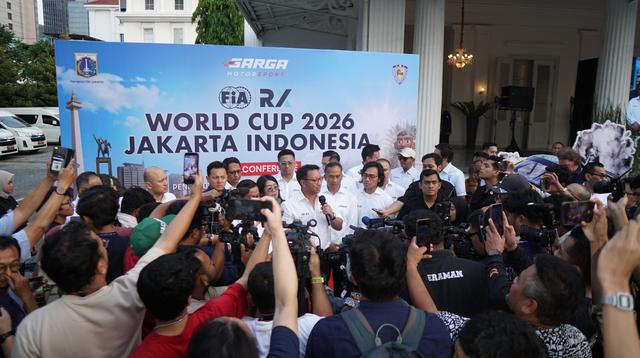 Konferensi pers ajang FIA Rallycross World Cup yang akan berlangsung di Sirkuit E-Prix Ancol, Jakarta pada hari Kamis (16/04/2026). (Sarga.co)