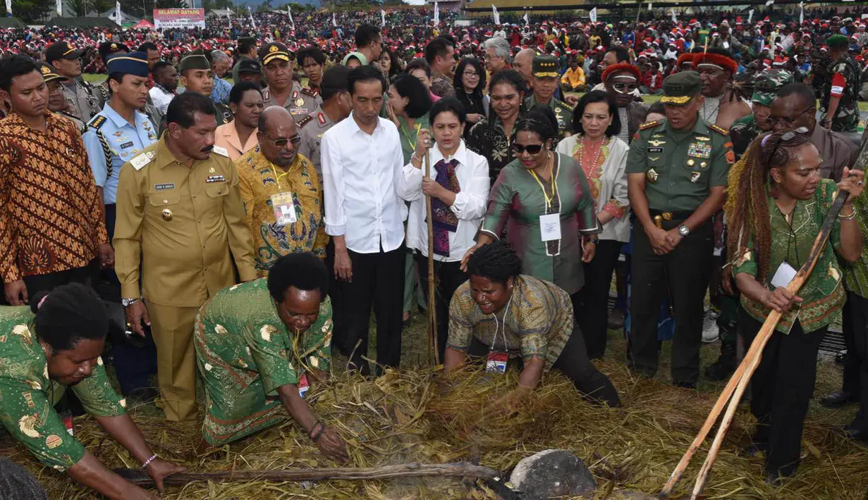 Presiden Joko Widodo dan Ibu Negara saat mengikuti ‎upacara Bakar Batu bersama masyarakat Pegunungan Tengah Papua di Stadion Mini Pendidikan, Distrik Wamena, Kabupaten Jayawijaya‎, Rabu (30/12). (Rumgapres)