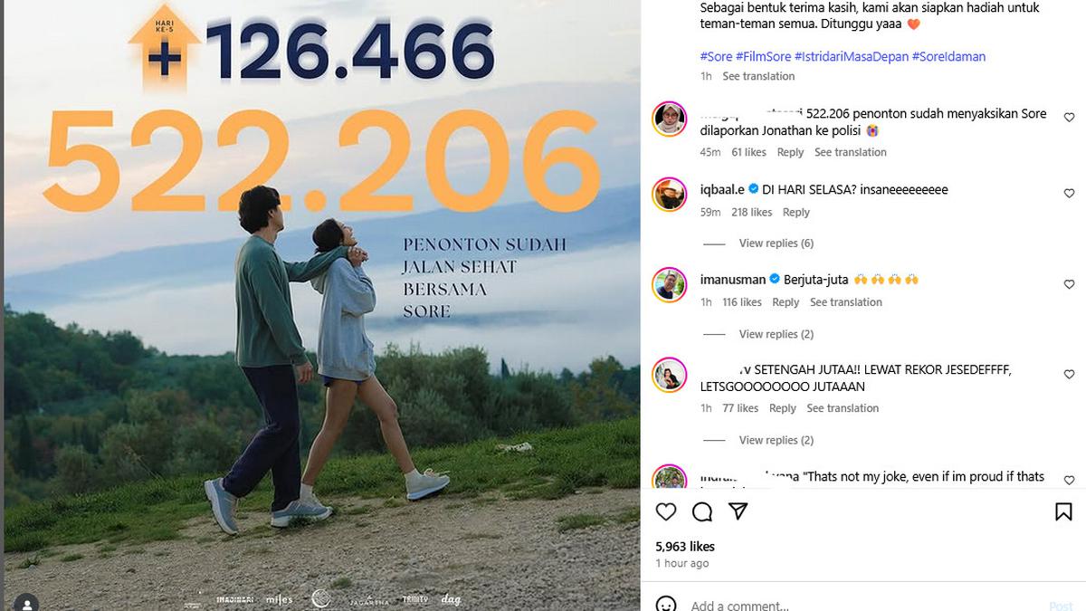 Film Sore: Istri dari Masa Depan Tembus 500 Ribu Penonton pada Hari Ke-6 Pemutaran