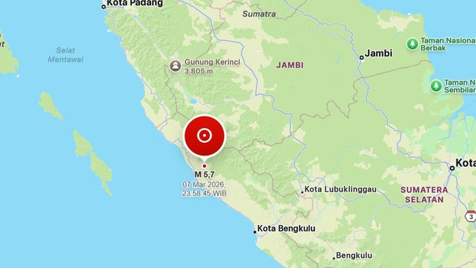 Gempa Magnitudo 5,7 Guncang Bengkulu, Berpusat di Darat