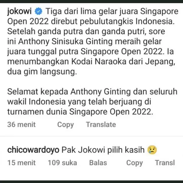 Ucapan Presiden Jokowi ke Juara Singapura Open 2022