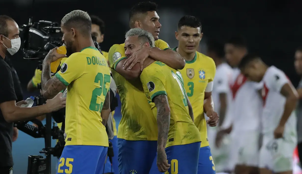 Brasil akhirnya dapat melenggang ke partai Final Conmebol Copa America 2021 lewat keunggulan tipisnya. Ia akan menantang pemenang antara Argentina dan Ekuador. (Foto: AP/Silvia Izquierdo)