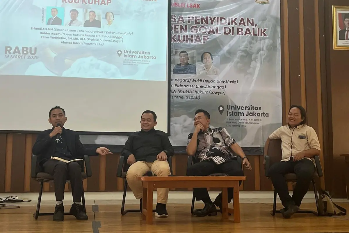 Diskusi publik yang digagas Lembaga Studi Anti Korupsi (LSAK) bertema 'Berebut Kuasa Penyidikan, Membaca Hidden Goal di Balik RUU KUHAP' di Universitas Islam Jakarta (UIJ), Rabu (19/3/2025) (Istimewa)