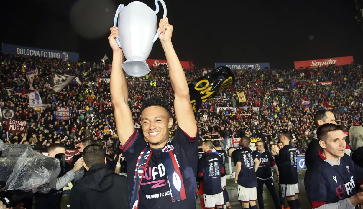 Bologna dipastikan dapat slot untuk tampil pada Liga Champions 2024-2025. Itu menjadi penantian panjang mereka setelah 60 tahun absen. (Michele Nucci/LaPresse via AP)
