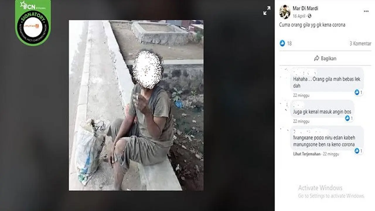 Gambar Tangkapan Layar Kabar tentang ODGJ Tak Kena Covid-19 (sumber: Facebook)