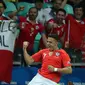 Pemain Chile, Alexis Sanchez melakukan selebrasi usai mencetak gol ke gawang Ekuador dalam matchday kedua Grup C Copa America 2019 di Arena Fonte Nova, Salvador, Brasil, Jumat (21/6/2019). Chile melaju ke perempatfinal Copa America 2019. (AP Photo/Ricardo Mazalan)