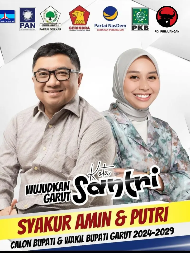 Abdusy Syakur Amin-Luthfianisa Putri Karlina (Santri) yang diusung koalisi gemuk tujuh partai dengan 36 kursi (72%) suara kursi di parlemen, plus partai buruh dan PBB, siap bersaing di Pilkada Garut 2024. (Liputan6.com/Jayadi Supriadin)