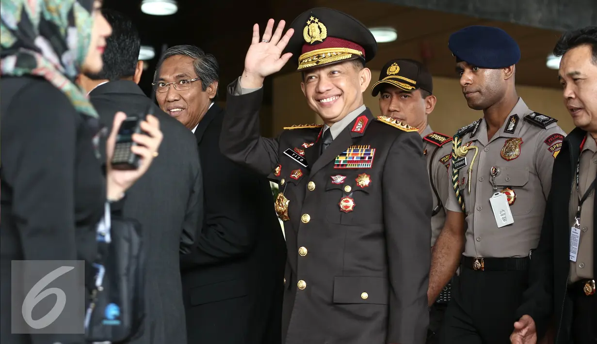 Kapolri Tito Karnavian saat menghadiri sidang tahunan MPR RI di ruang rapat paripurna 1 Gedung Nusantara, Jakarta, Selasa (16/8). Presiden Jokowi berpidato kenegaraan menyampaikan tentang pencapaian kinerja pemerintah. (Liputan6.com/Faizal Fanani)