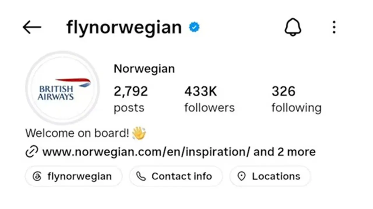 Logo Instagram Norwegian Air berganti menjadi logo British Airways selama satu hari setelah Norwegia kalah dari Inggris di Piala Dunia 2026.
