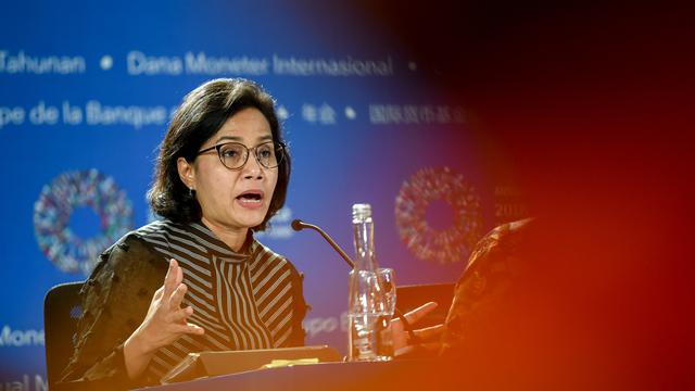 Sri Mulyani pada rangkaian Pertemuan Tahunan IMF-Bank Dunia 2018 di Bali