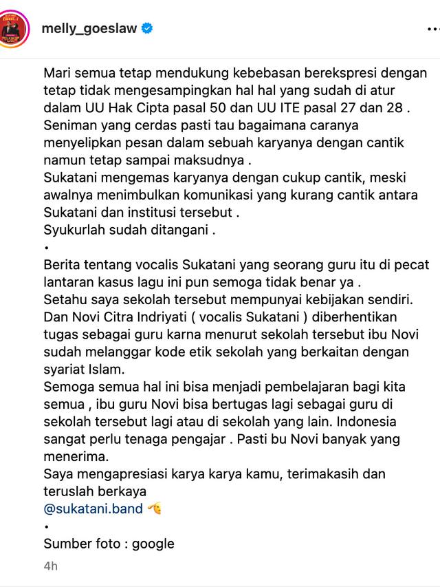 Unggahan Melly Goeslaw. (Foto: Dok. Instagram @melly_goeslaw)