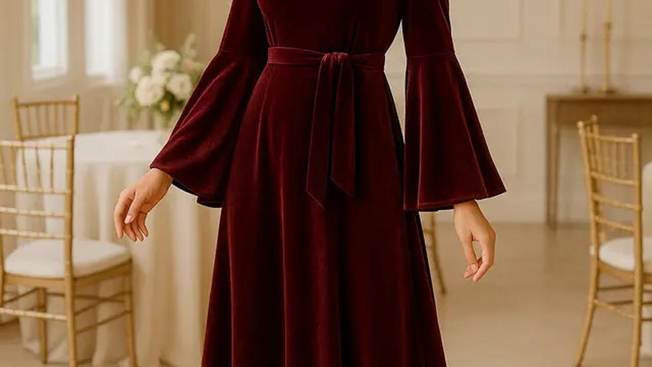8 Inspirasi Long Dress Lengan Flare Bahan Velvet, Mewah dan Stylish