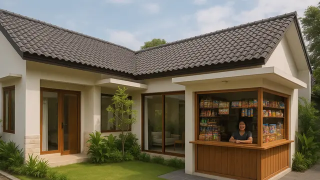Desain Rumah L-Shape dengan Warung di Teras