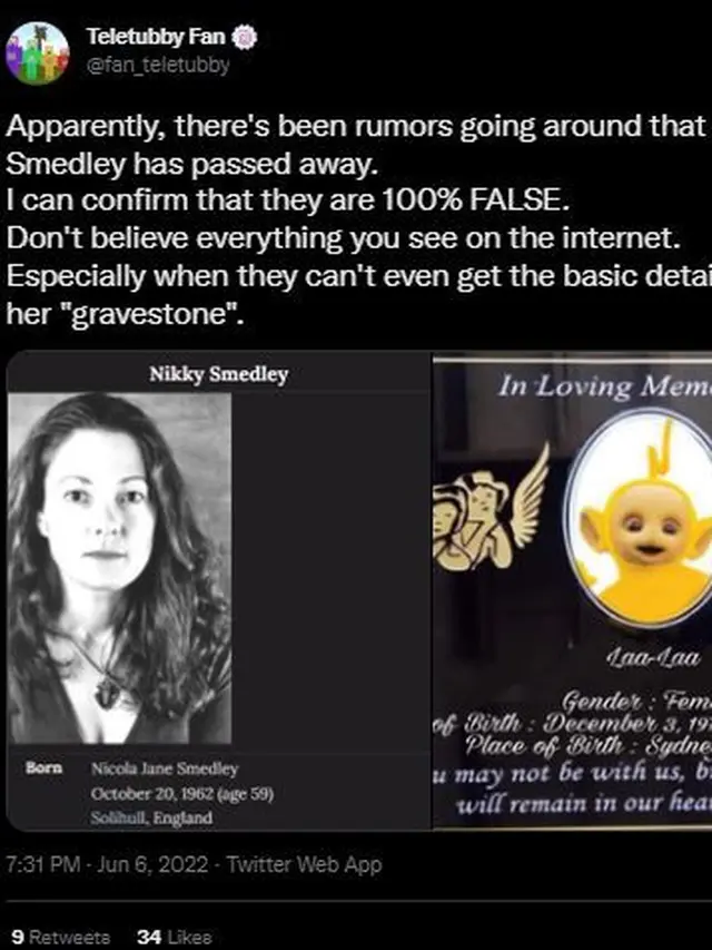Unggahan warganet yang mempertanyakan kebenaran kabar meninggalnya Nikky Smedley. (Twitter/ fan_teletubby)