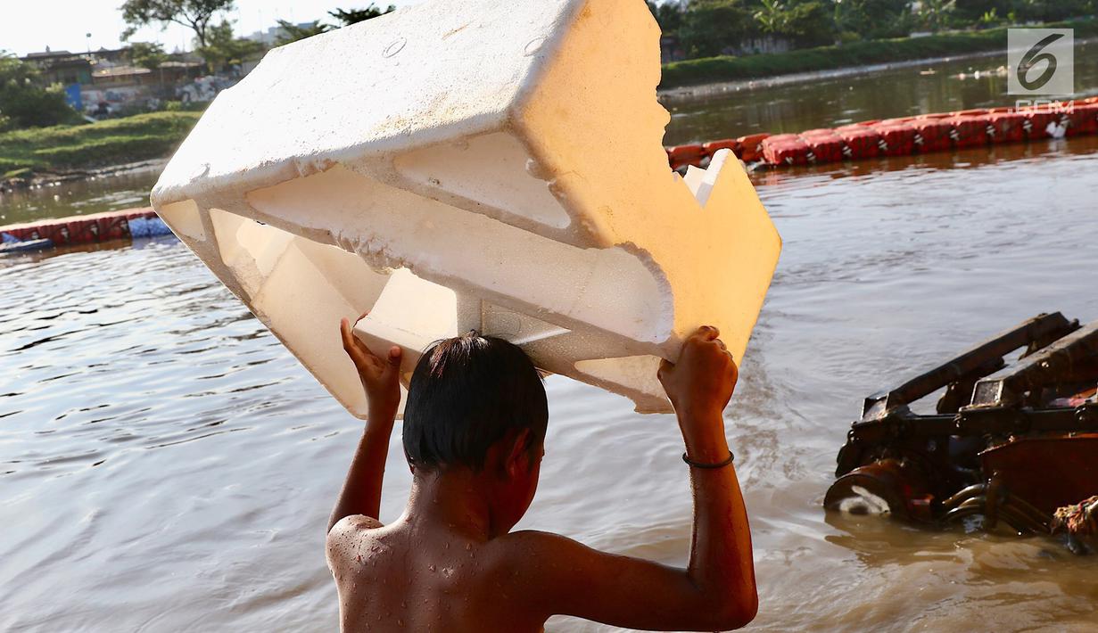 Seorang anak membawa styrofoam untuk berenang di Kanal Banjir Barat, Jakarta, Jumat (23/3). Anak-anak nekat berenang di lokasi ini meski berbahaya bagi kesehatan dan keselamatan. (Liputan6.com/Immanuel Antonius)