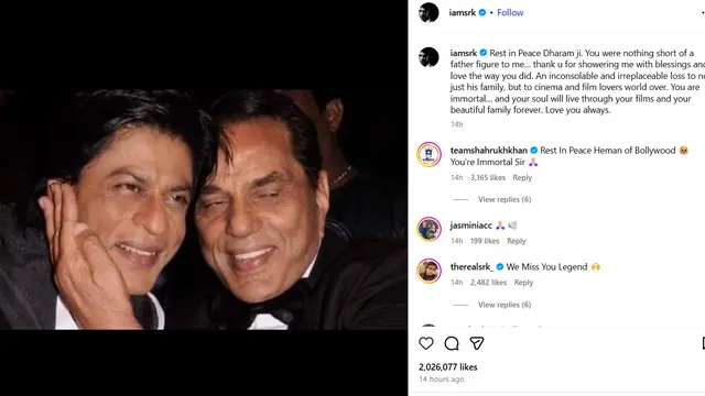 Unggahan Shah Rukh Khan atas kepergian mendiang Dharmendra. (Instagram/ iamsrk)