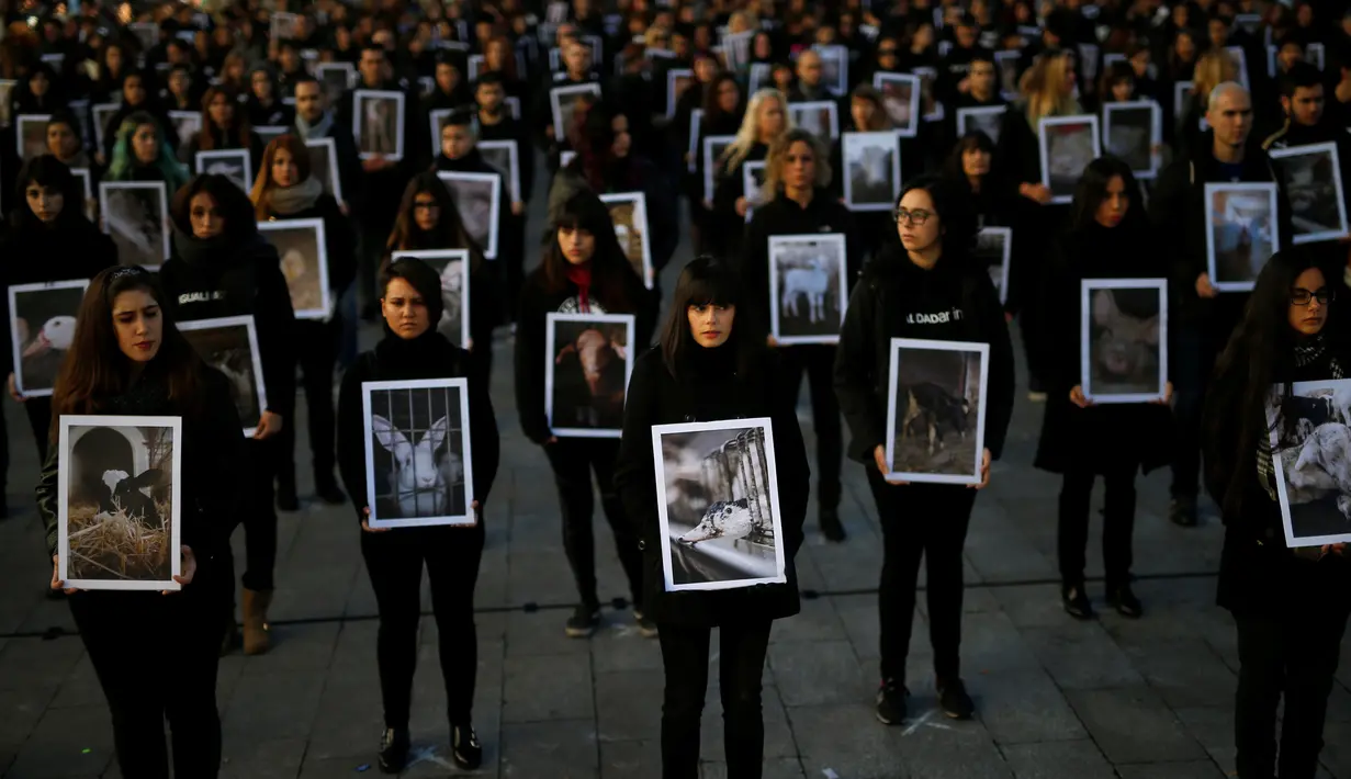 Sejumlah aktivis dari Igualdad Animal mebawa poster saat melakukan aksi protes di di Madrid, Spanyol (10/12). Mereka adalah aktivis keseteraan hewan yang menuntut perlakuan dan hak-hak terhadap binatang. (Reuters/Javier Barbancho)