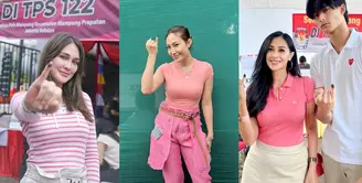 Luna Maya tampil dengan dress code bertema valentine untuk nyoblos pemilu 2024. Ia mengenakan striped long sleeve top nuansa pink-putih dan high waisted pants warna putih gading. [@lunamaya]