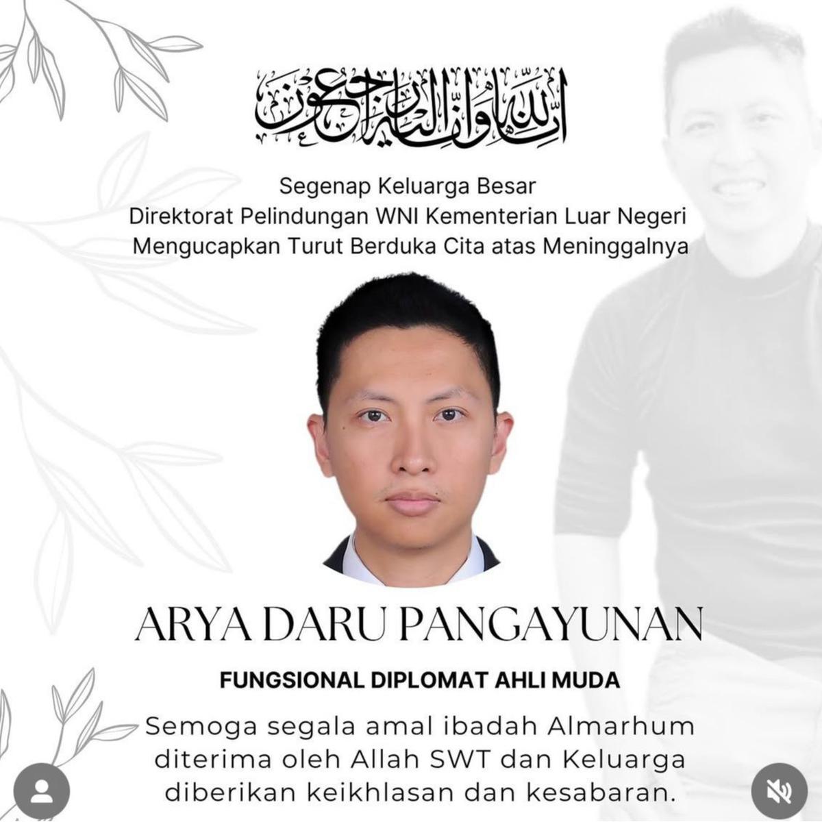 Diplomat Kemlu RI Arya Daru Pangayunan ditemukan meninggal di kamar kosnya di kawasan Gondangdia Kecil, Jakarta Pusat, Selasa (8/7/2025). (Foto: Instagram/@peduliwni)