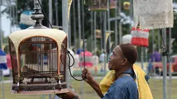 Seorang peserta menyiapkan burung peliharaannya saat mengikuti kontes burung berkicau di Provinsi Narathiwat di Thailand selatan (22/9/2019). Lebih dari 1.800 burung dari Thailand, Malaysia, dan Singapura mengambil bagian dalam kontes tahunan. (AFP Photo/Madaree Tohlala)