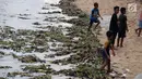 Anak-anak bermain di pinggir pantai Kelurahan Pohe yang dipenuhi eceng gondok, Gorontalo, Jumat (22/2). Tanaman ini berasal dari Danau Limboto yang terbawa arus sungai hingga ke Teluk Gorontalo dan memenuhi pinggiran pantai. (Liputan6.com/Arfandi Ibrahim)