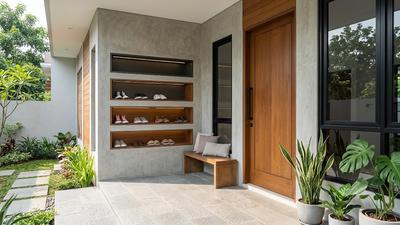 7 Model Dinding Teras dengan Ceruk untuk Menaruh Sepatu dan Sandal, Desain Penyimpanan Estetik