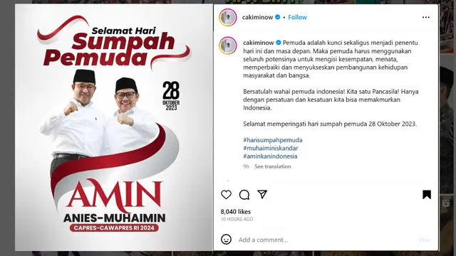 Bakal cawapres Muhaimin Iskandar atau Cak Imin mengucapkan Selamat Hari Sumpah Pemuda yang jatuh tepat pada hari ini, Sabtu (28/10/2023).