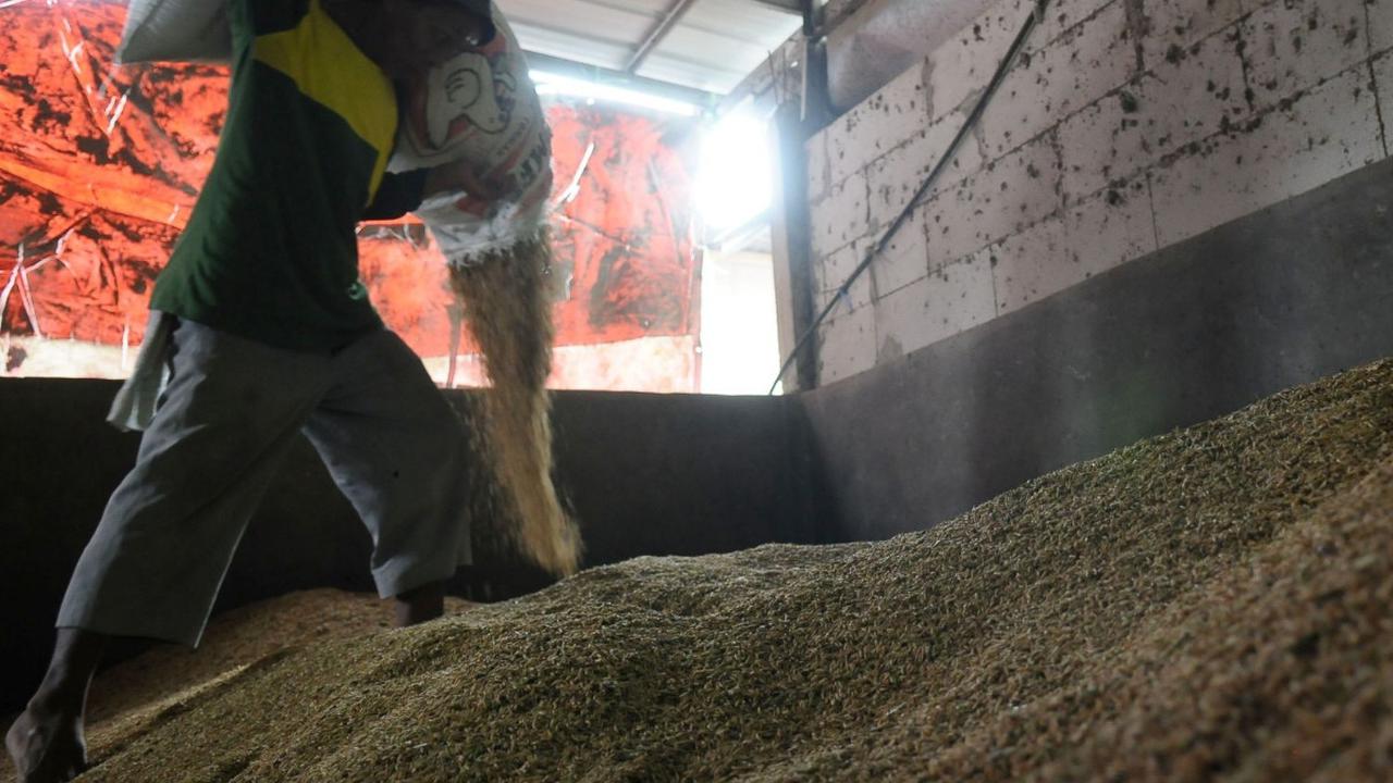Pekerja menggiling gabah kering di tempat penggilingan beras  PD. Ahmad Azam di Desa Sukamaju, Kecamatan Tambelang, Kabupaten Bekasi, Jawa Barat, Kamis (28/12/2023).