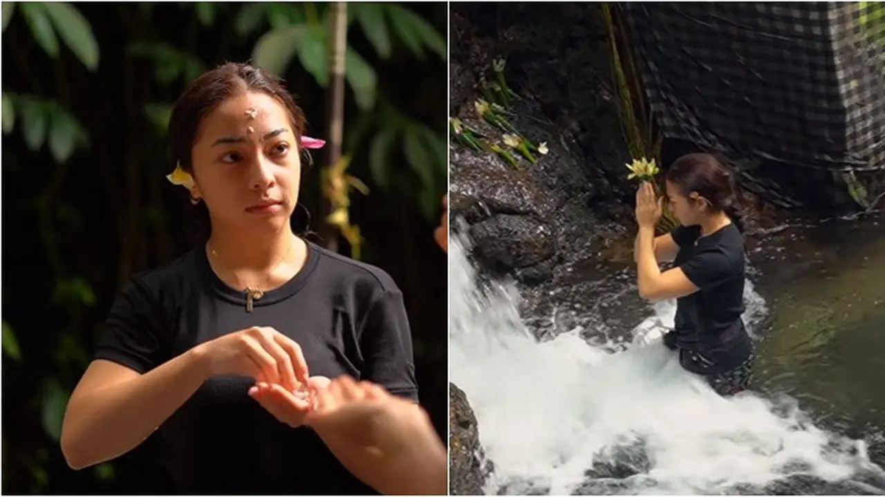7 Potret Nikita Willy Saat Jalani Ritual Melukat di Air Terjun Sebatu