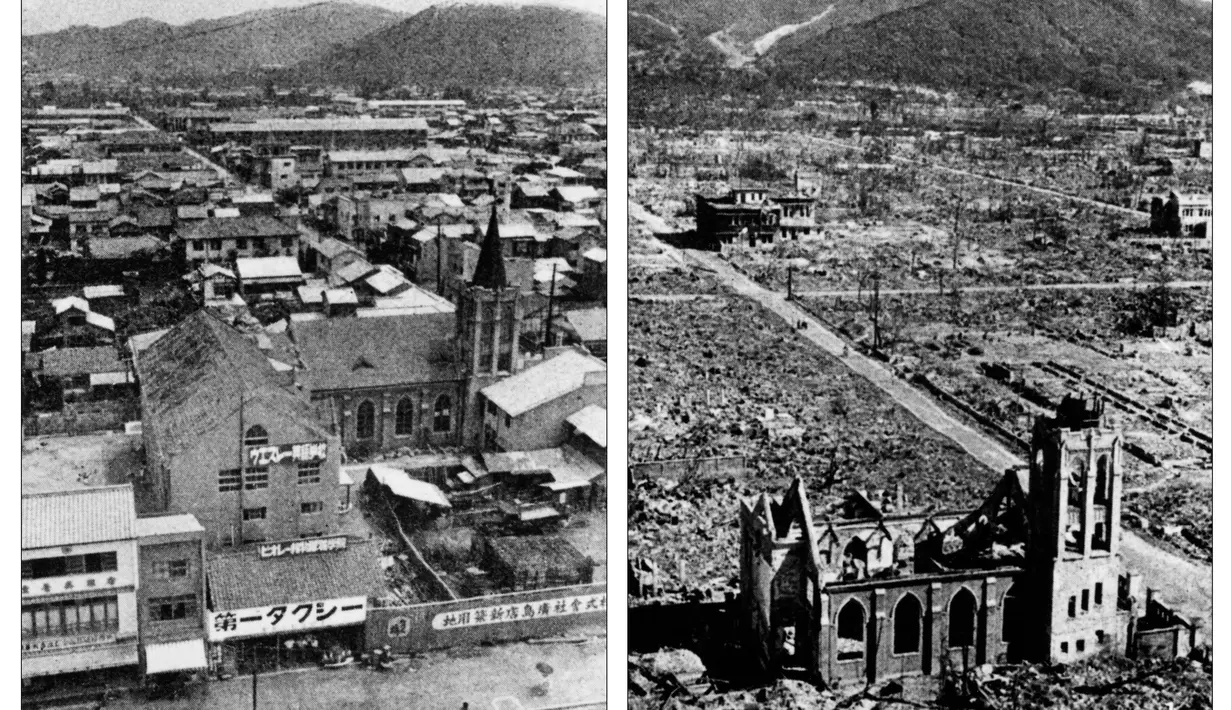 Dua buah foto sebelum dan sesudah Kota Hiroshima hancur karena bom atom pertama  yang dijatuhkan oleh Angkatan Udara AS B-29, tahun 1945. Sekitar 140.000 orang, atau lebih dari separuh penduduk Hiroshima meninggal dalam peristiwa tersebut. (AFP / PHOTO)