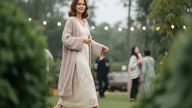Dress Brokat Panjang Cream dan Long Cardigan Rajut yang Cozy