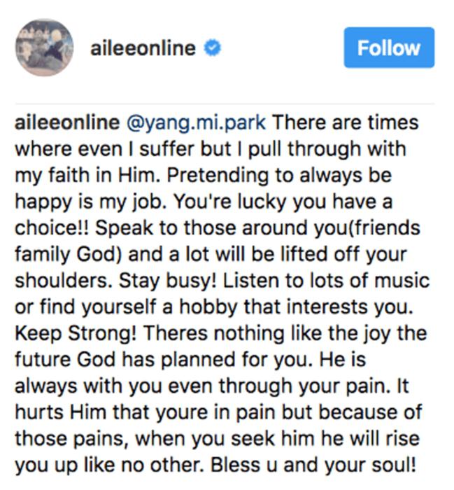 Balasan Ailee dengan penuh kata motivasi./Copyright instagram.com/aileeonline