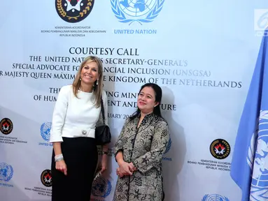 Menko PMK, Puan Maharani menerima kunjungan Ratu Maxima dari Belanda di Kemenko PMK, Jakarta, Selasa (13/2). Ratu Maxima berkunjung ke Indonesia sebagai Utusan Khusus dari Perserikatan Bangsa-Bangsa (PBB). (Liputan6.com/Johan Tallo)