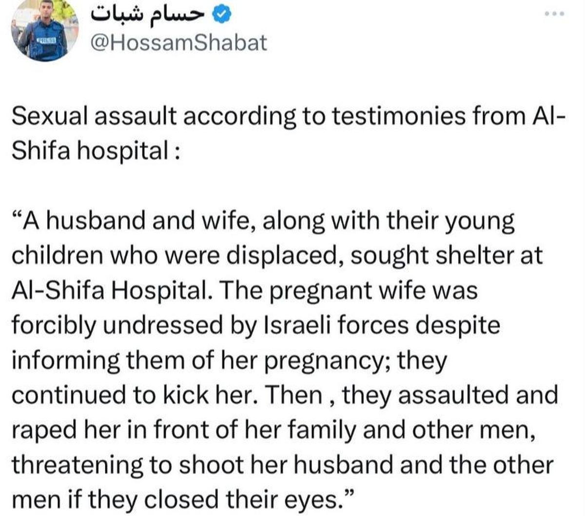 Melansir akun Instagram seorang jurnalis di Gaza @hossam_shbat dan akun&nbsp;TikTok bernama @imamtarmizizi, Selasa (26/3) seorang wanita Palestina di Rumah Sakit Al-Shifa sebelah barat Kota Gaza menjadi korban kekerasan seksual para tentara Israel.<br>
