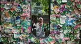Aktivis Greenpeace Indonesia menunjukkan sampah plastik berbentuk 'U' (logo Unilever) di depan Kantor Pusat Unilever di Kawasan Bumi Serpong Damai (BSD), Tangerang, Banten, pada 20 Juni 2024. (Yasuyoshi CHIBA/AFP)