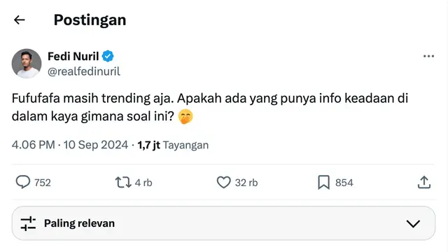 Cuitan Fedi Nuril. (Foto: Dok. Twitter @realfedinuril)