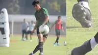 Punggawa timnas Indonesia dan Arema FC, Hanif Sjahbandi, terlihat berlatih menggunakan sepatu yang tidak biasa. (Ist)
