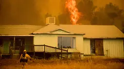 Petugas pemadam kebakaran saat berada di dekat kobaran api besar di belakang sebuah rumah di dekat Mariposa, California, (19/7). Kebakaran ini telah menghancurkan setidaknya delapan bangunan. (AP Photo/Noah Berger)