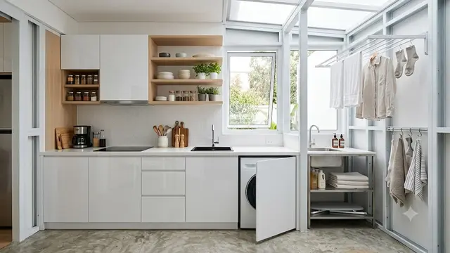 Dapur Kecil Baja Ringan Menyatu dengan Area Cuci Jemur
