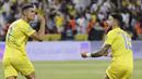 Pemain Al Nassr, Cristiano Ronaldo, melakukan selebrasi setelah mencetak gol ke gawang Al Hilal dalam partai final Liga Champions Arab 2023 yang digelar di King Fahd Stadium, Taif, Sabtu (12/8/2023). (AP Photo/Samah Zidan)